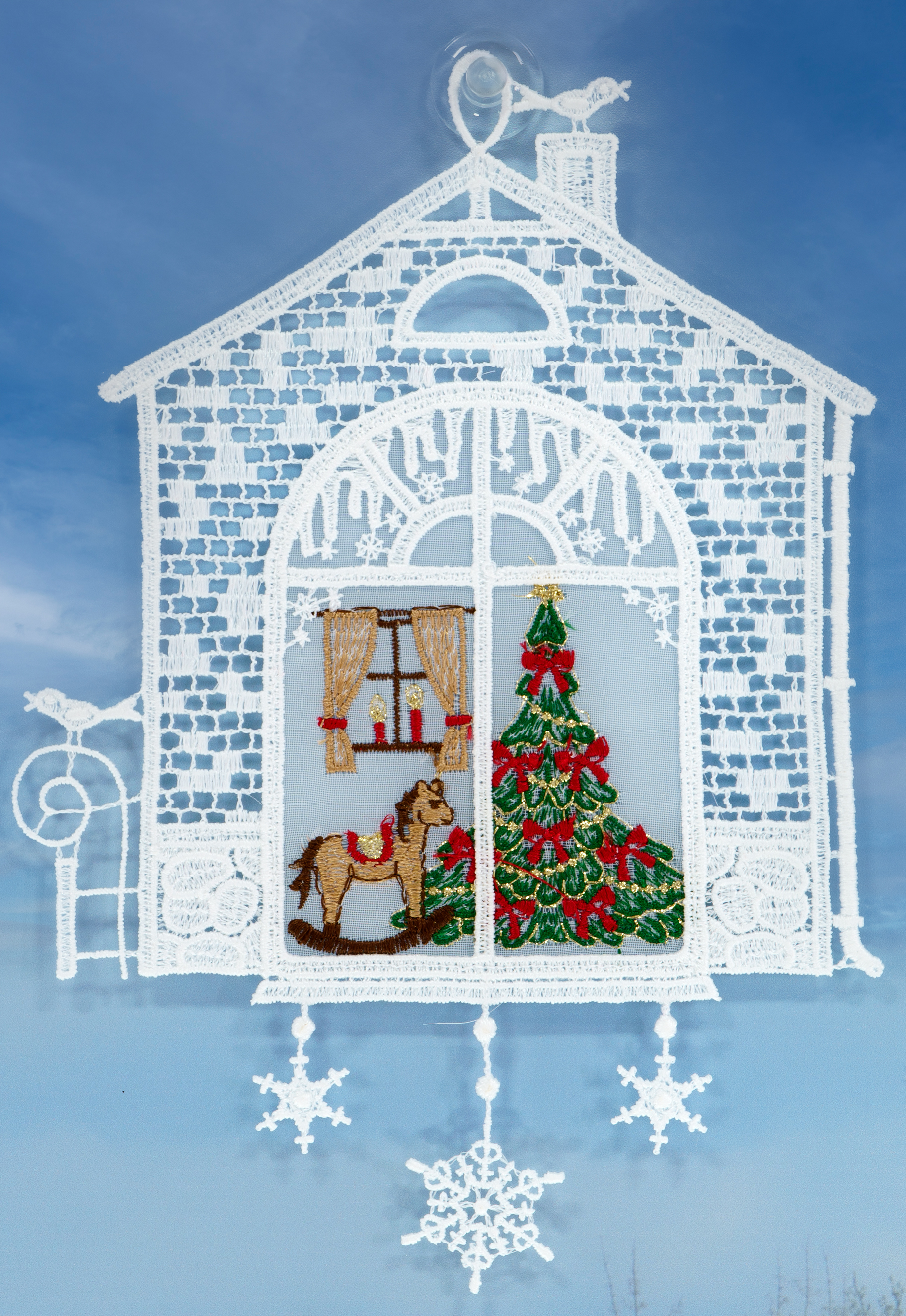 Saugnapf Stickerei Weihnachtsdekoration Fensterdekoration 24 Weihnachten Voile mit Fensterbild Weihnachtsbaum Spitze cm Bestickt Plauener Weiß
