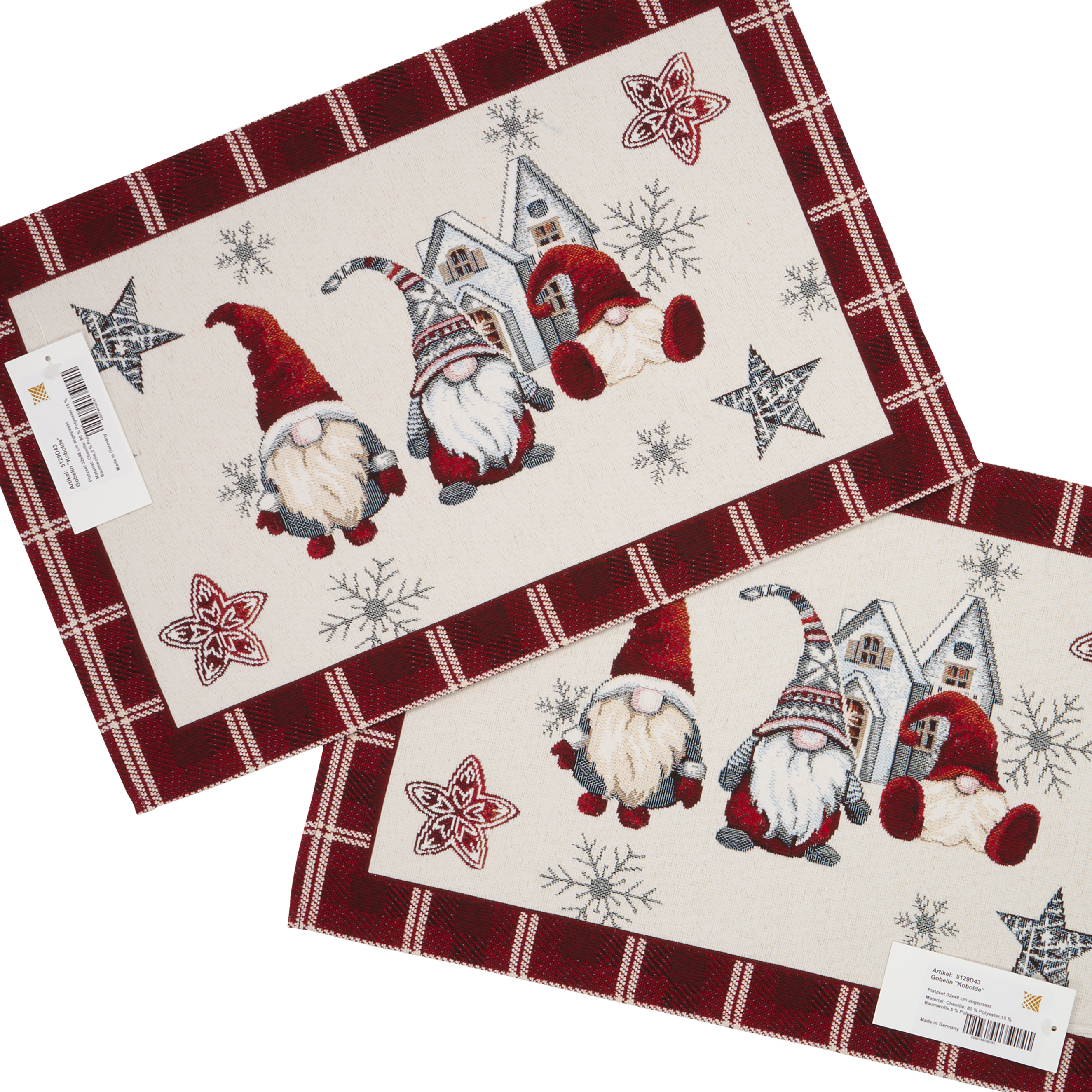 Platzset Weihnachten 2teilig Sandner Kobolde 32x48 Chenille Gobelin Platzdeckchen Tischset Tischläufer Wichtel Gewebt
