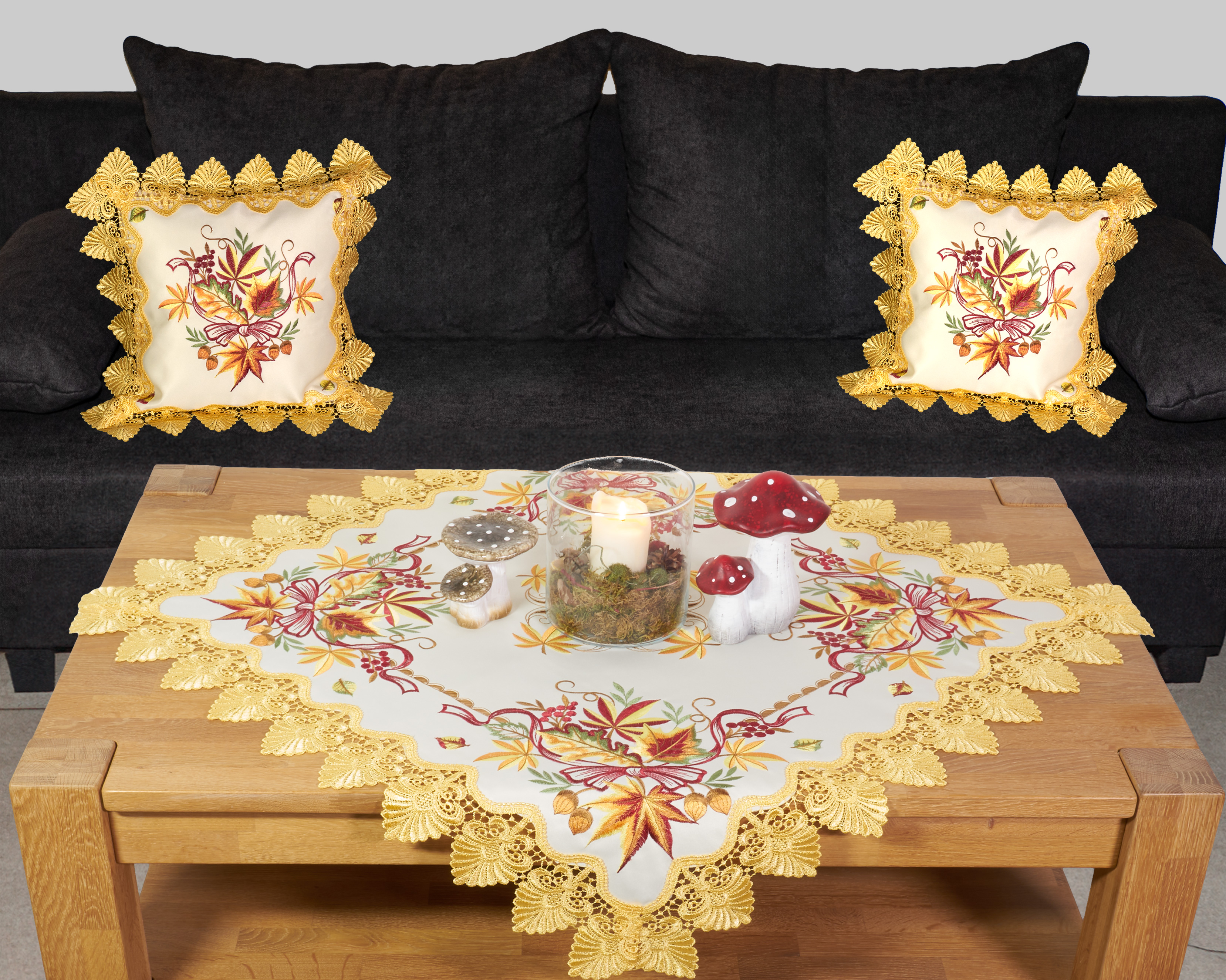 Tischdecke Herbst Spitzendecke 110x110 Mitteldecke Spitze Tischwäsche Bestickt Blätter