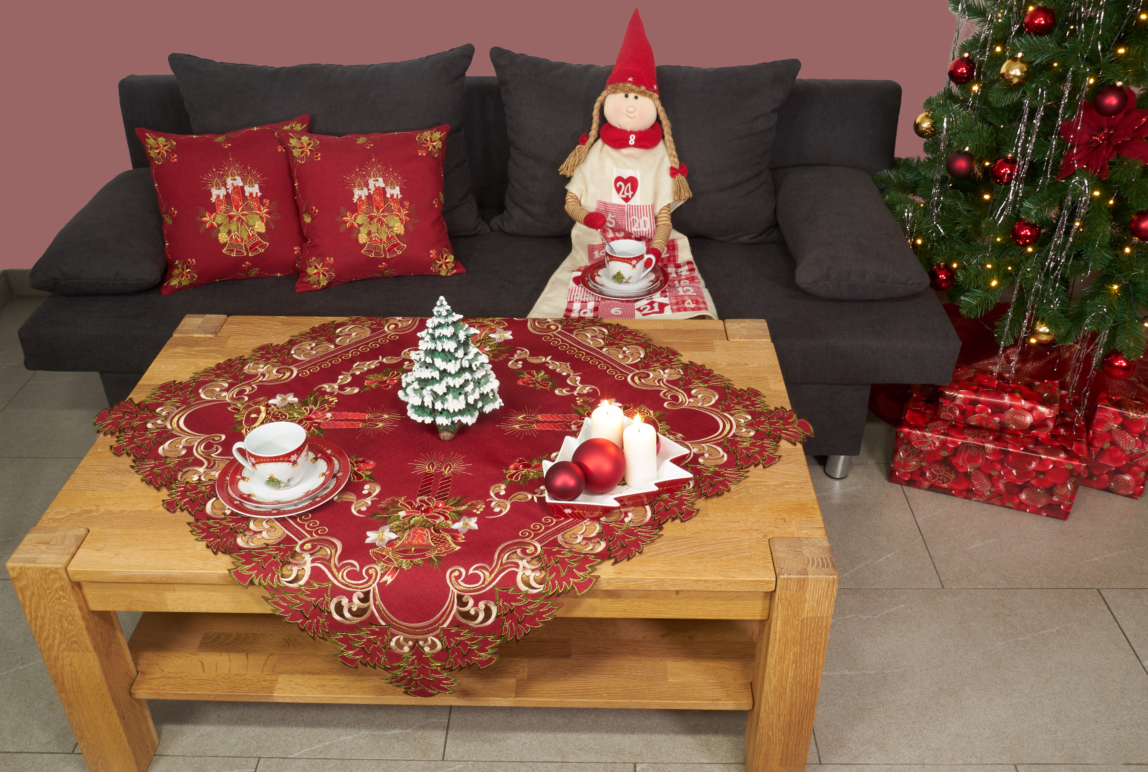 Tischdecke Weihnachten 110x110 Kerzen Rot Gold Mitteldecke Bestickt Weihnachtsdecke Weihnachtstischdecke Stoff