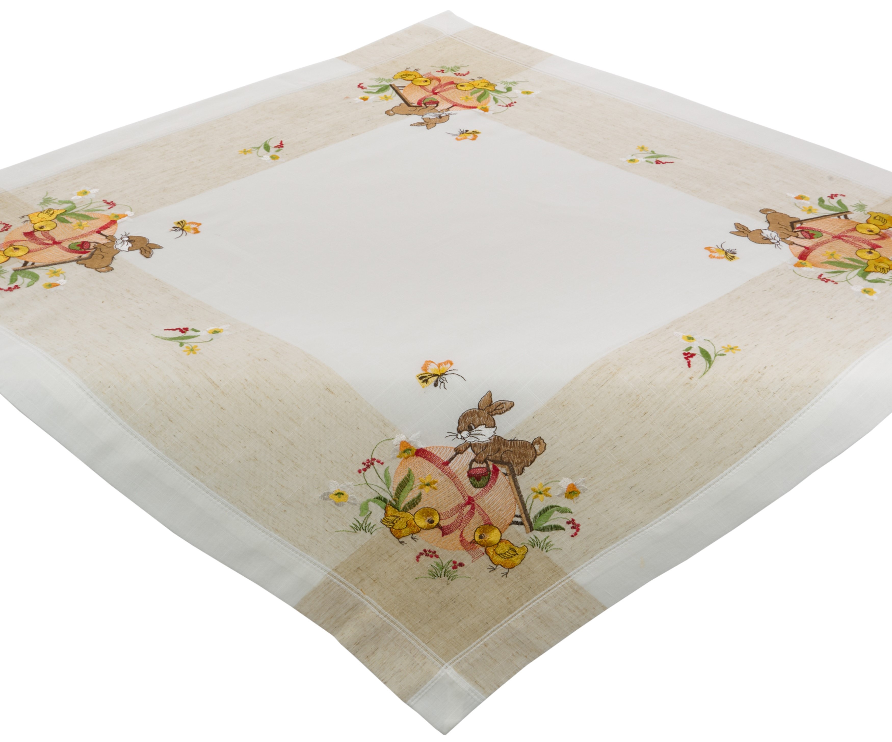 Tischdecke OSTERN Mitteldecke 85x85 BESTICKT Ostertischdecke Leinenoptik Hase Ei