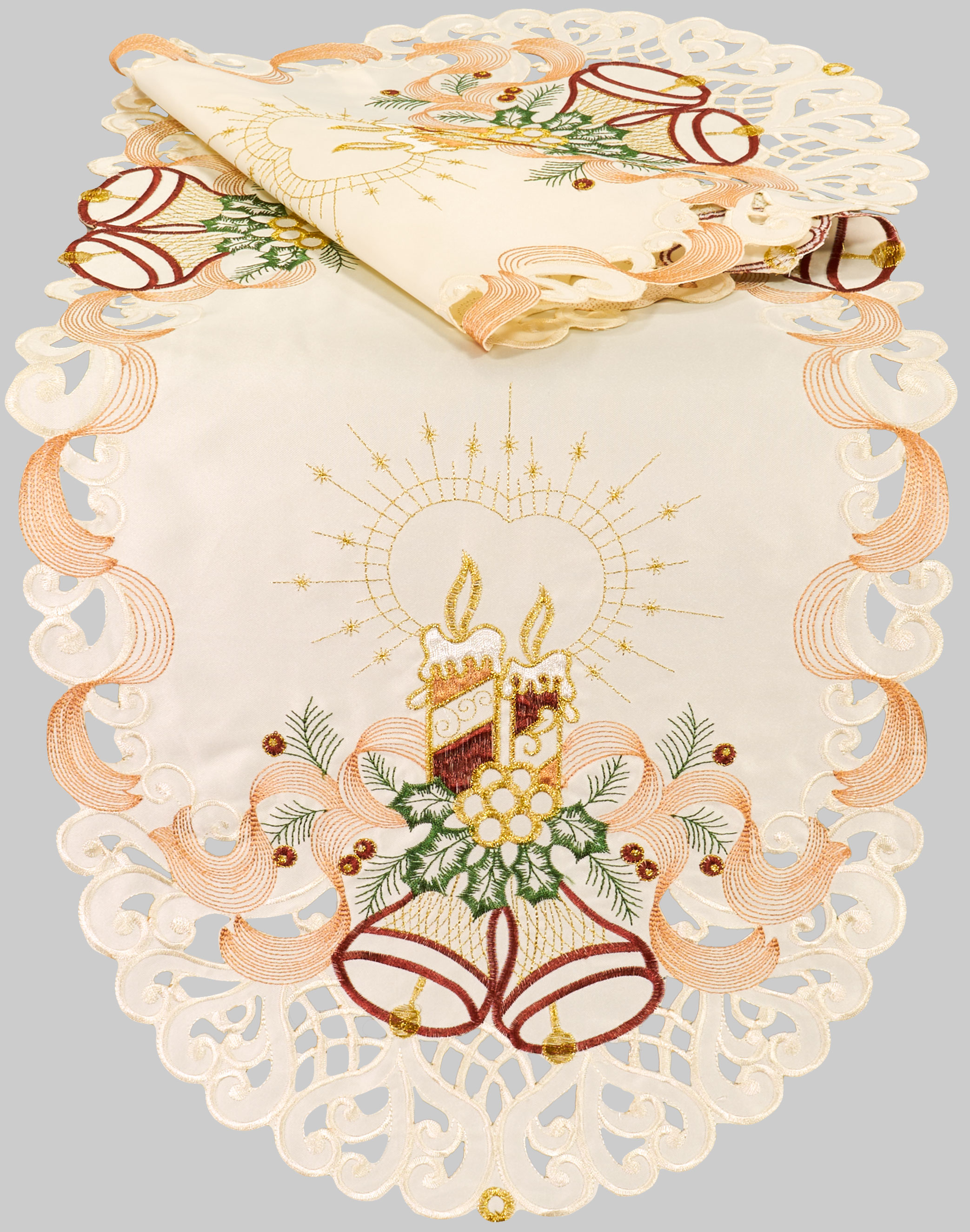 Weihnachtstischläufer Creme-rot-gold – Oval Ca. 40x90 Cm, Leinenoptik, Bestickt Mit Glöckchen & Kerzen