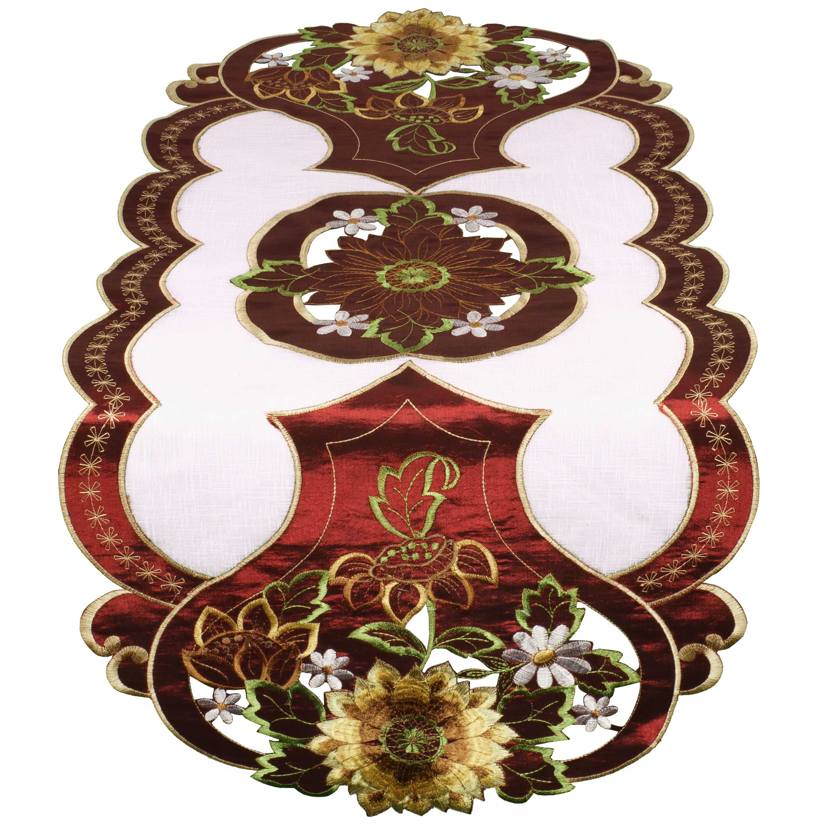 Tischläufer Oval 40x110 Hossner Sonnenblumen Tischdecke Stickerei Decke Geblümt Läufer Bordeaux Tischdekoration Bestickt Sommer