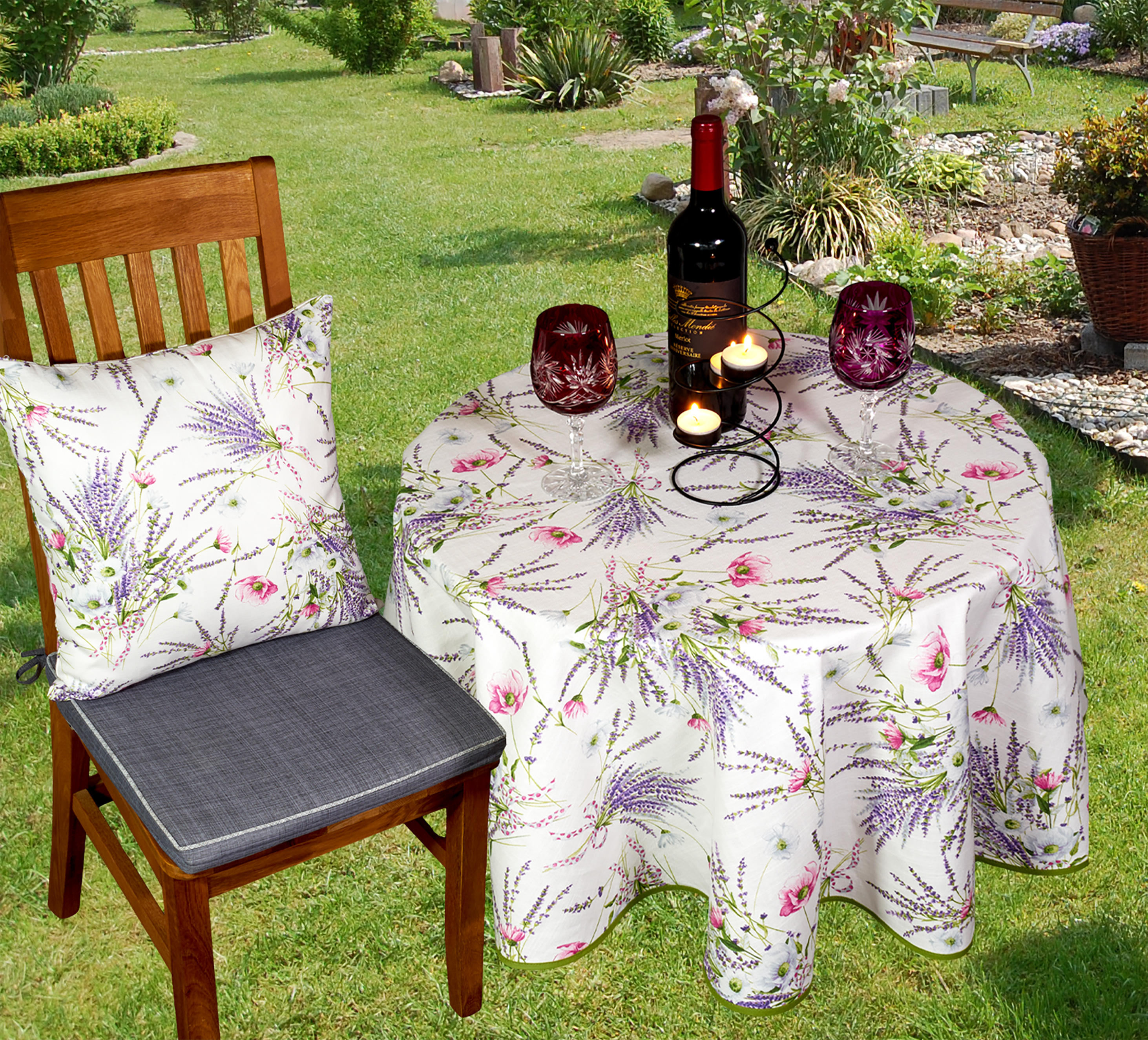 Tischdecke Baumwolle Rund 130 cm Sandner Lavendelstrauß Unterdecke Mediterran Gartentischdecke Provence Blumen Sommer