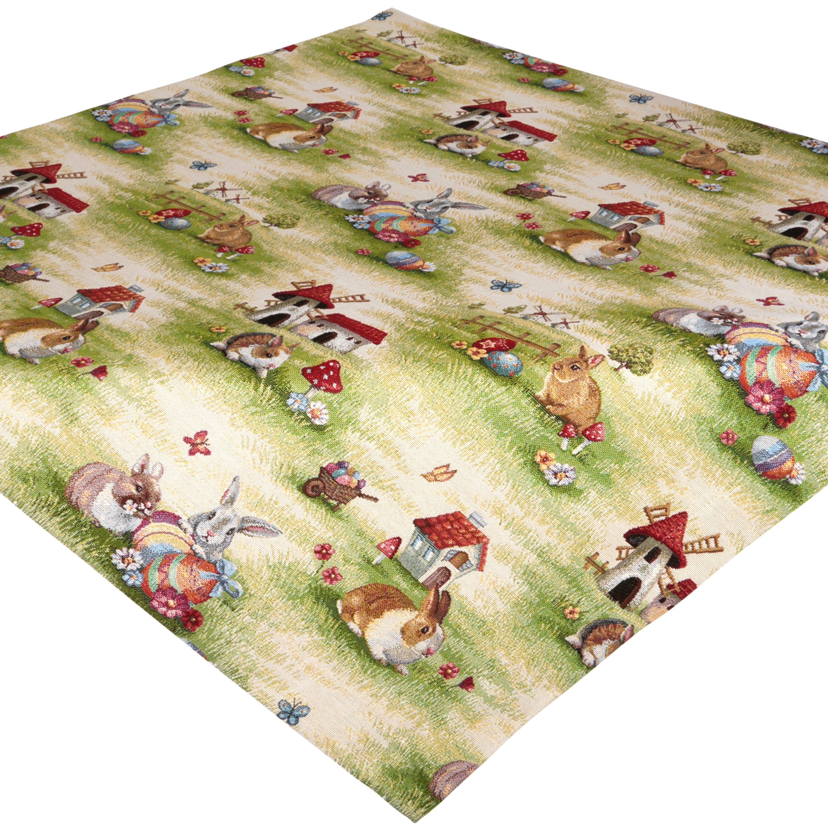 Tischdecke Ostern 65x65 Sandner Getümmel Gobelin Osterdecke Mitteldecke Landhaus Ostertischdecke Osterdekoration Hasen Decke Gewebt