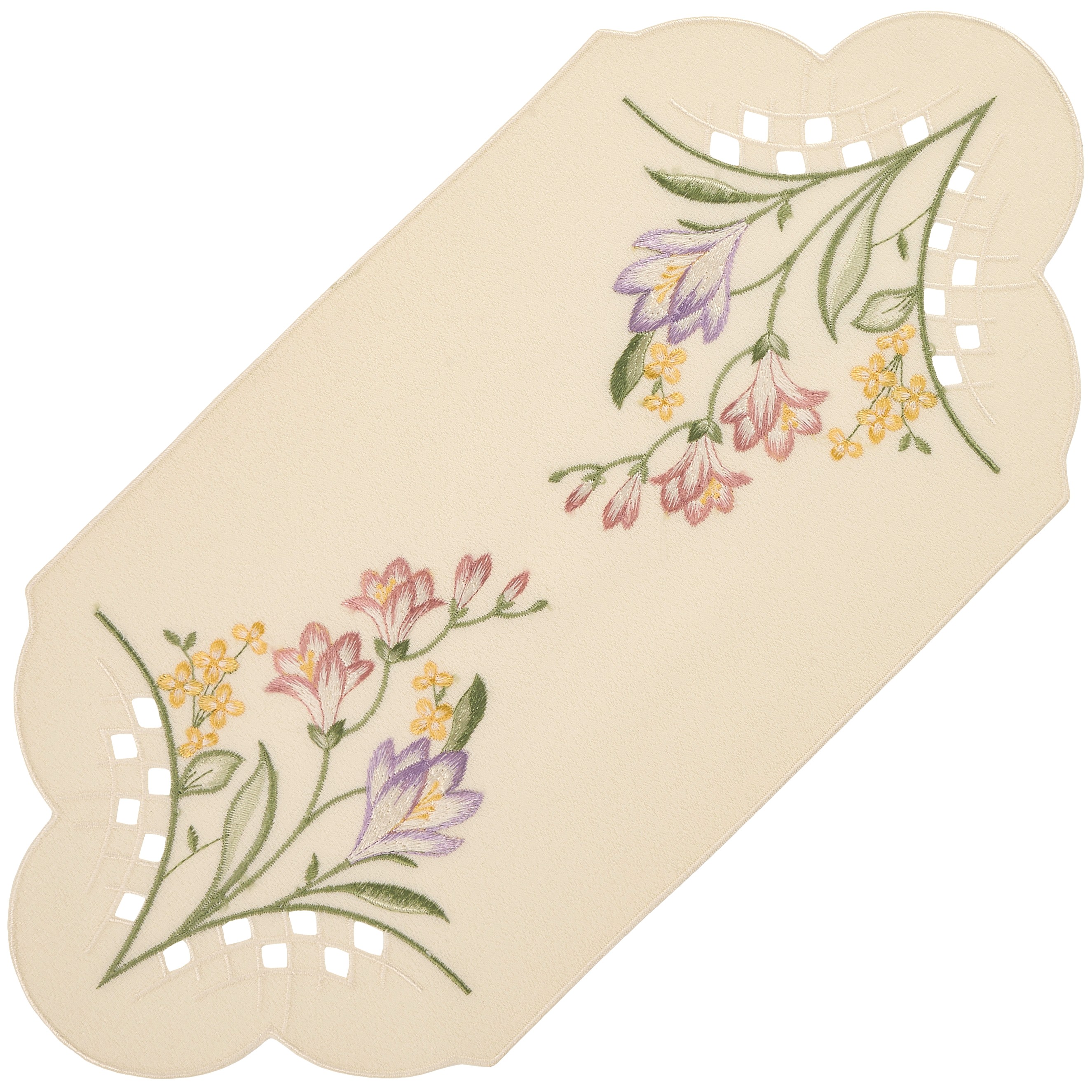 Tischläufer Frühling Plauener Spitze Oval 22x45 Stickerei Freesien Made in Germany