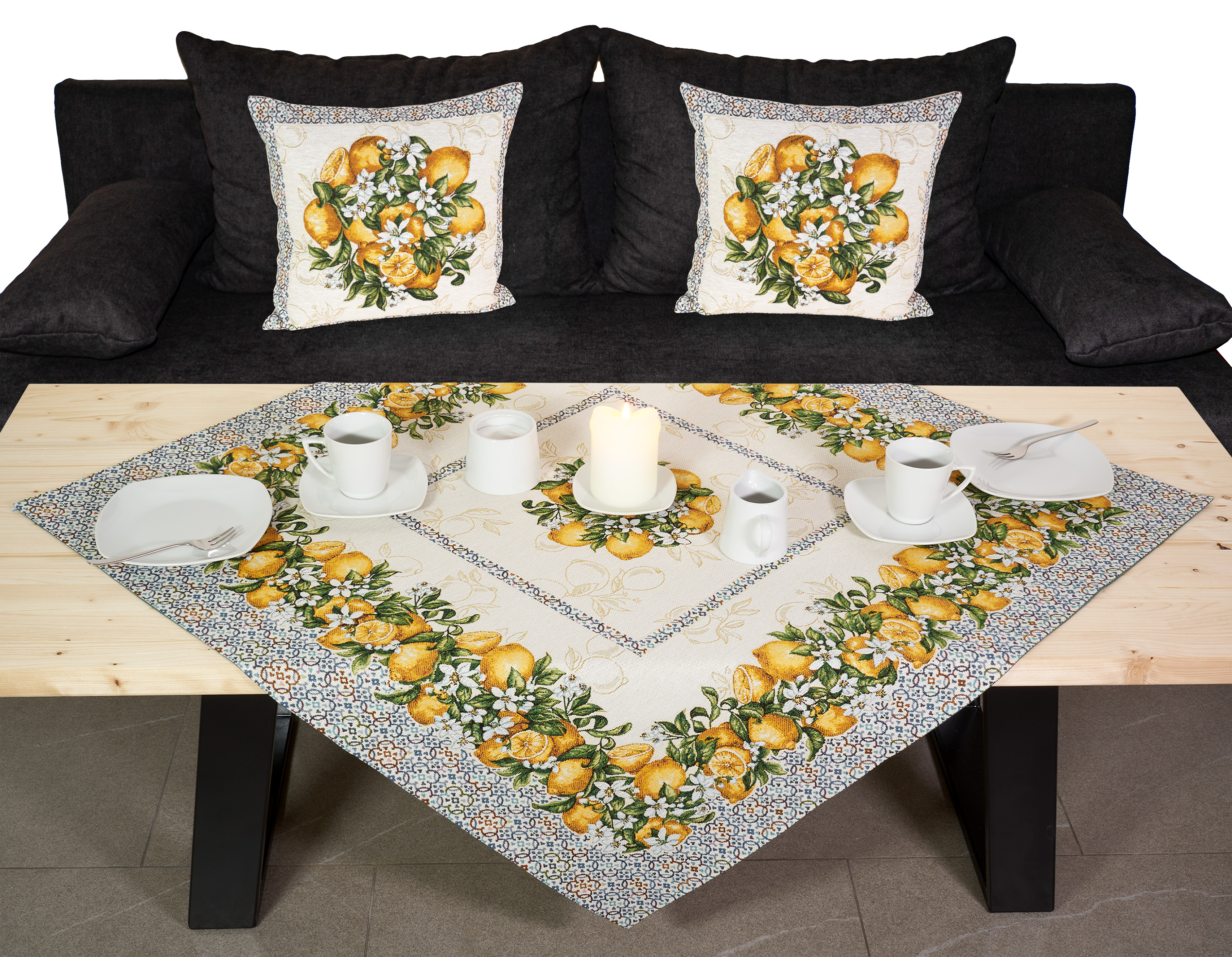 Gobelin Tischdecke Mitteldecke 97x97 Tischwäsche Beige Made in Germany Zitronen