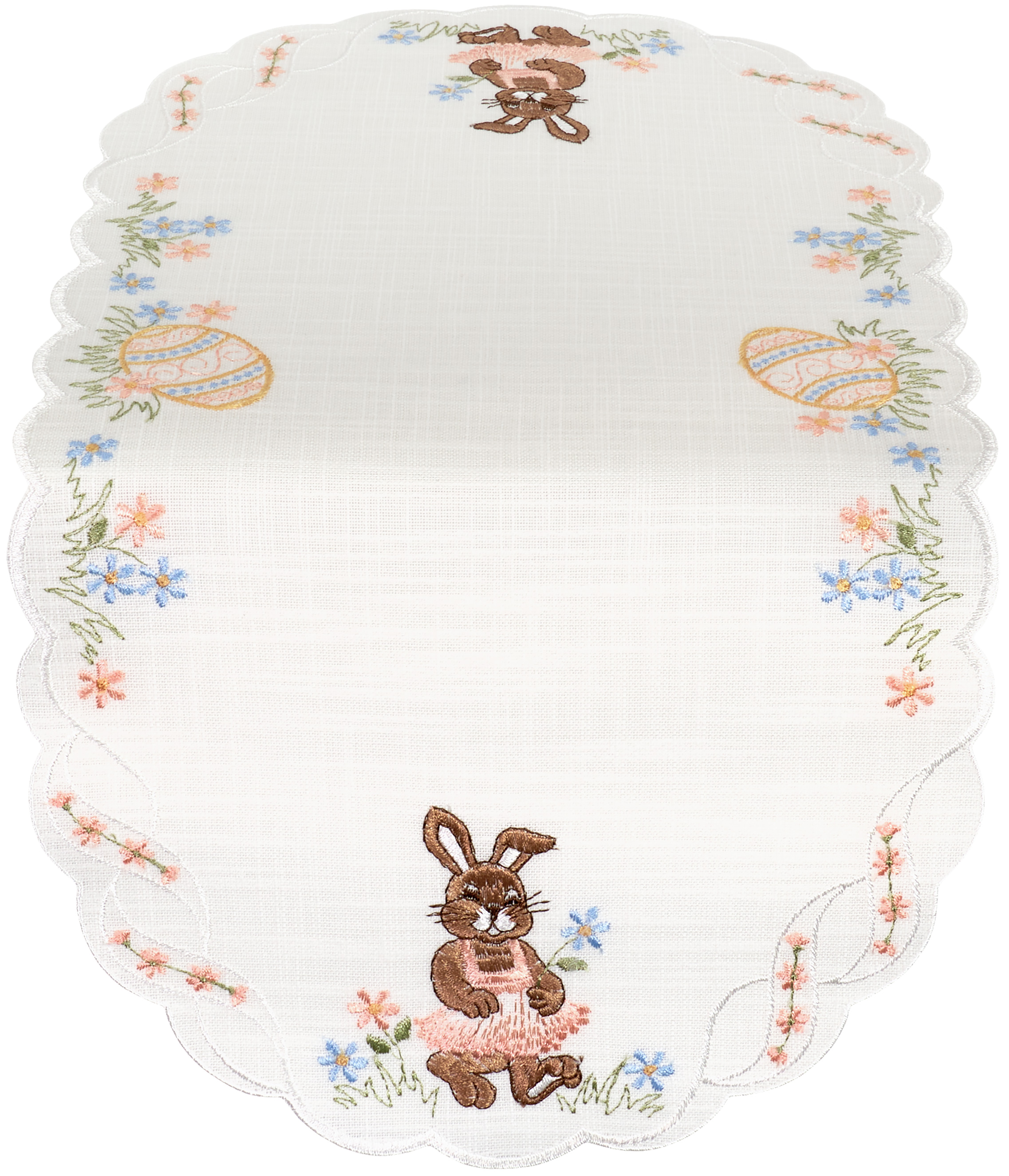 PLAUENER SPITZE Tischläufer Ostern Oval 28x56 STICKEREI Osterhase Tischdecke Deckchen Osterdekoration Waschbar