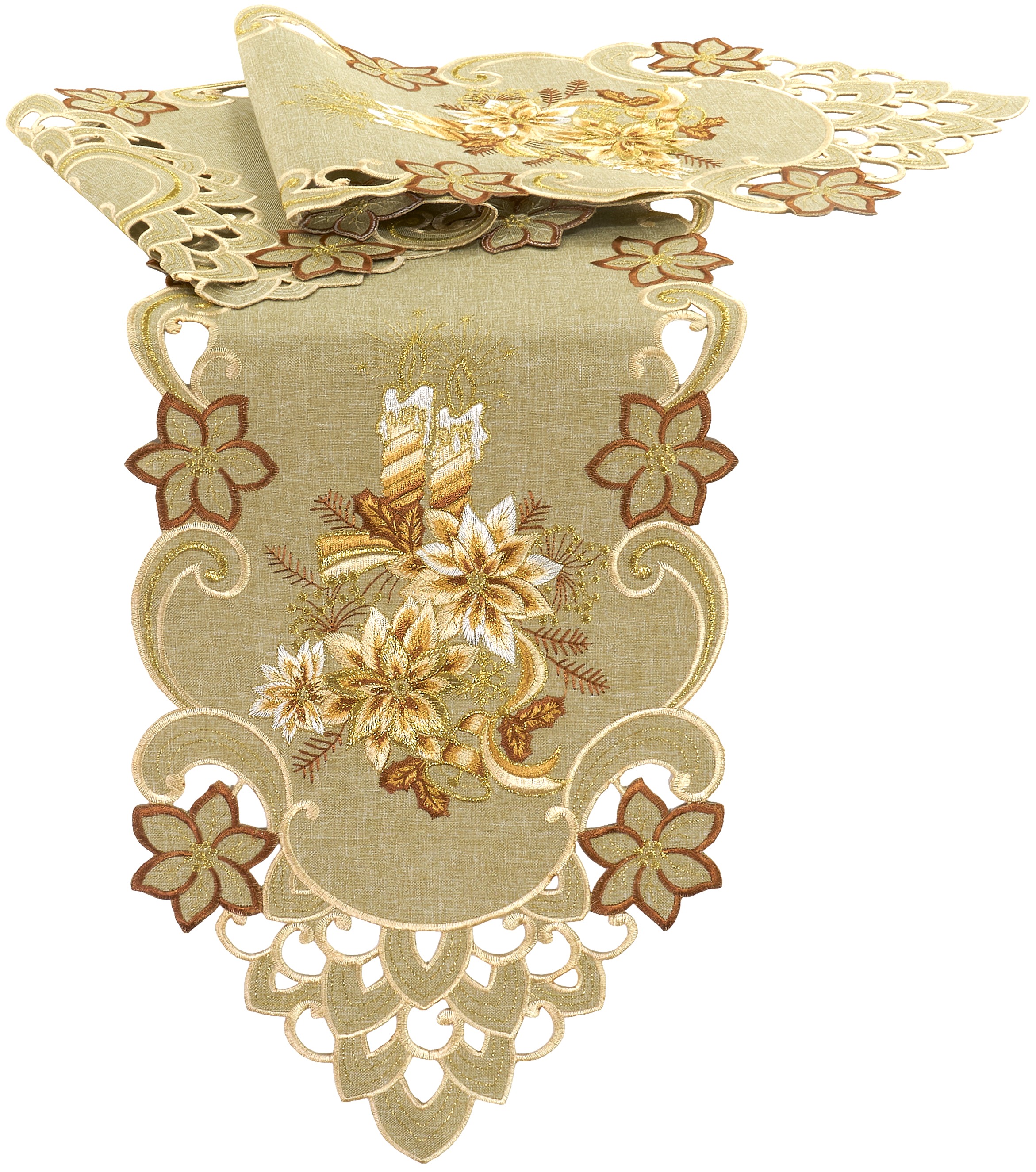 Tischband Weihnachten Oval 30x160 Tischläufer Antikgrün Kerze Gold Bestickt