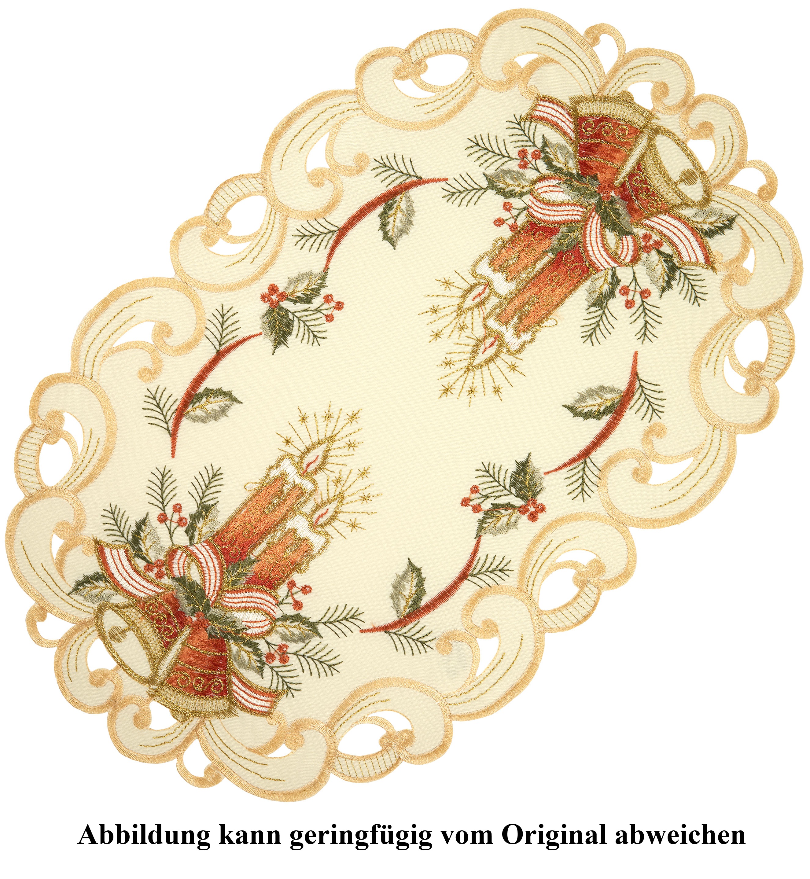 Weihnachtstischläufer Creme-rot-gold – Oval Ca. 40x90 Cm, Leinenoptik, Bestickt Mit Glöckchen & Kerzen