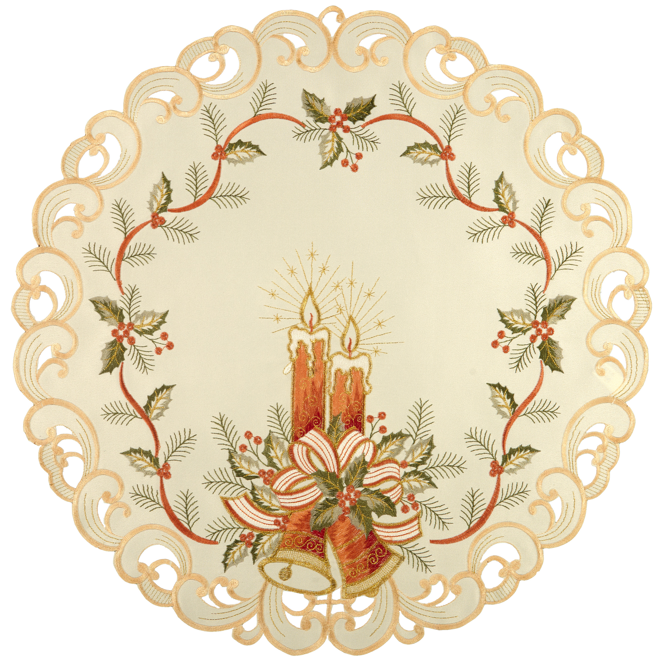 Tischdecke Weihnachten Rund 60 cm Mitteldecke Creme Kerze Terrakotta Gold Bestickt