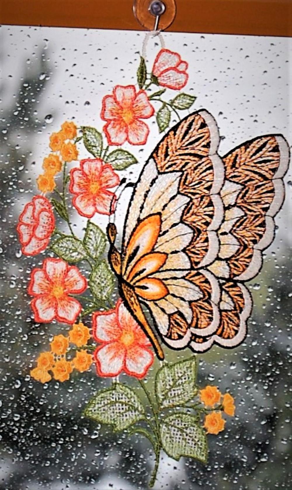 Plauener Stickerei Fensterbild Spitze Schmetterling Frühling eBay Sommer Fensterdeko 