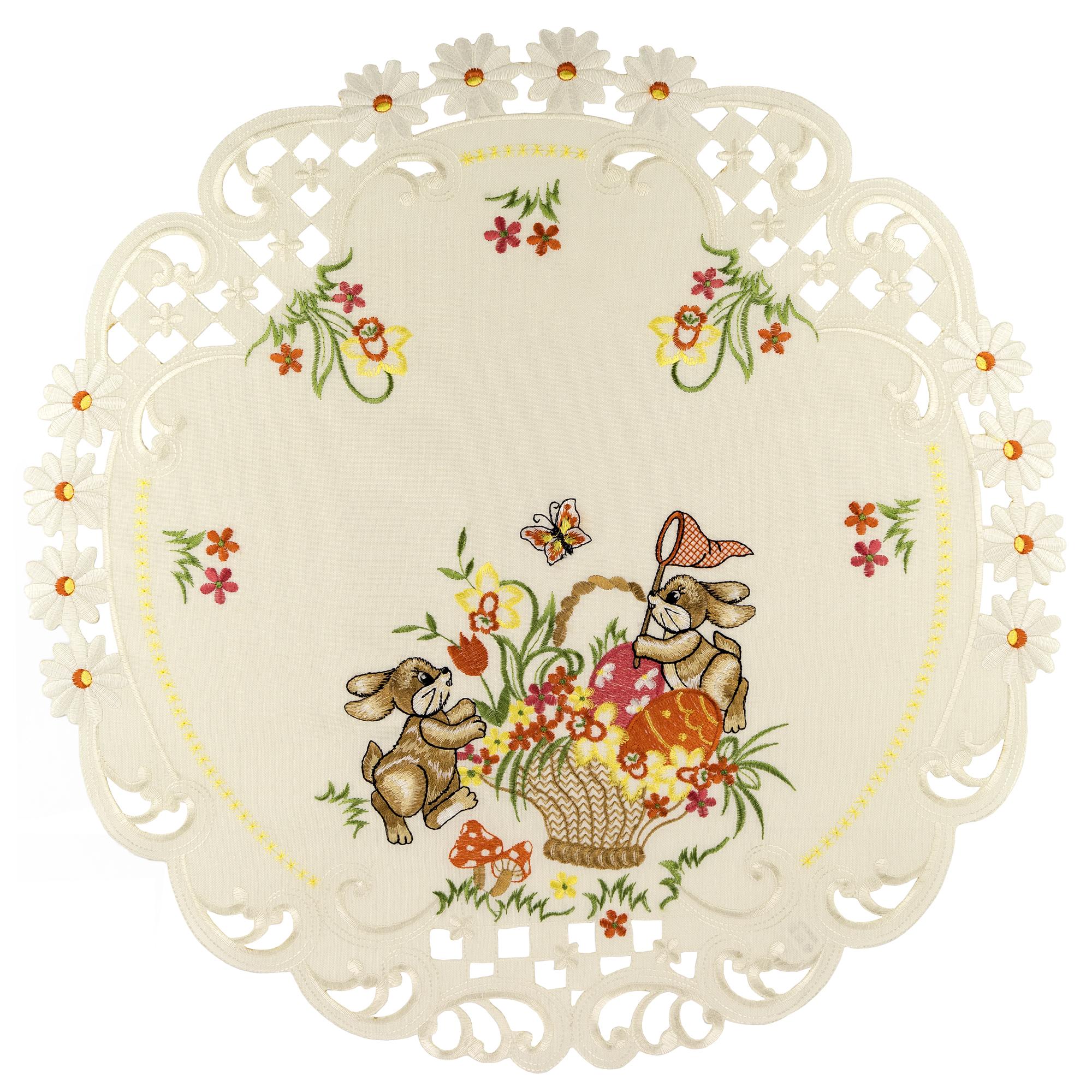 Tischdecke Ostern Rund 60 cm Hasen Creme Orange Mitteldecke Ostertischdecke